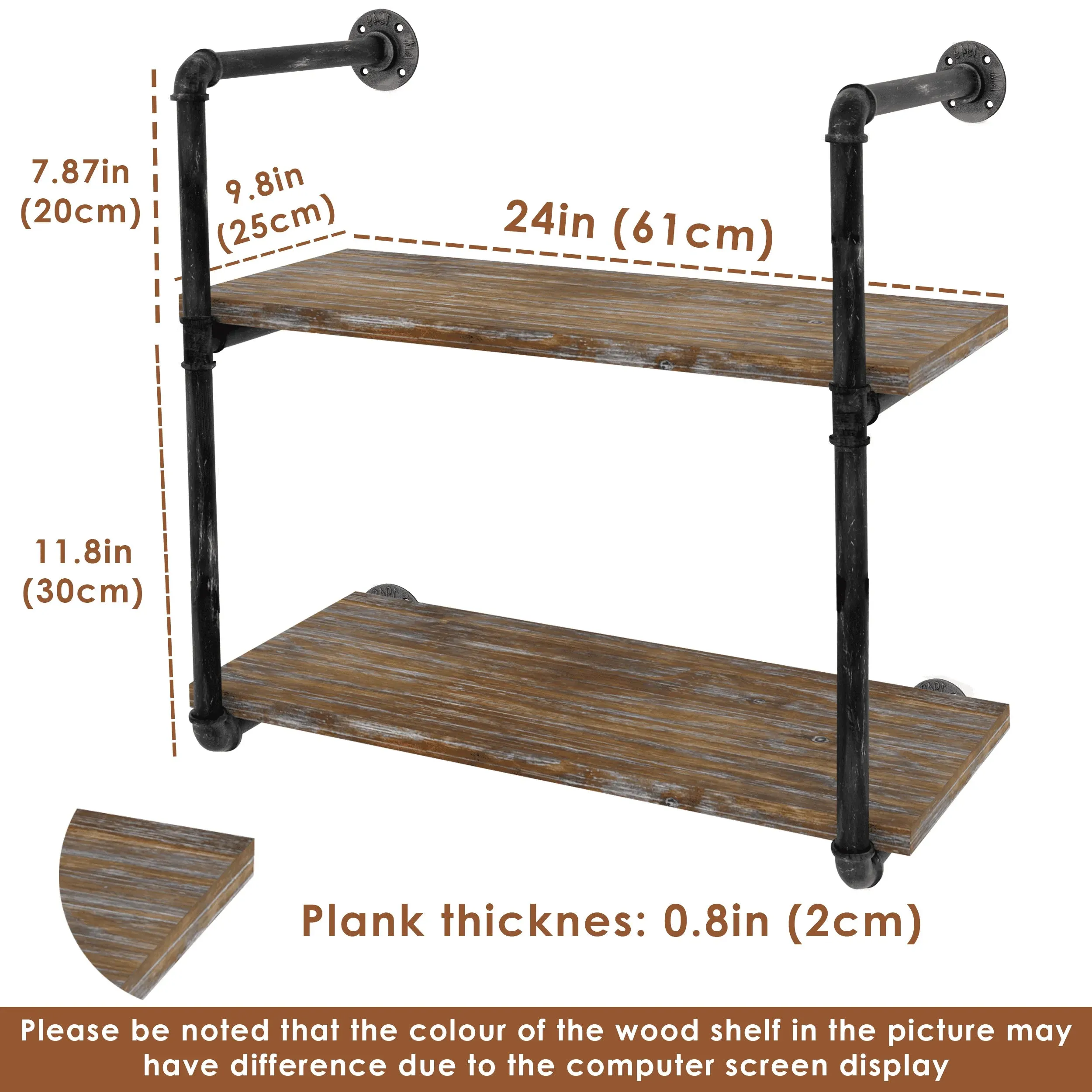 (2 Tier - 24in) Industrial Pipe Shelving, Industrial Floating Shelves