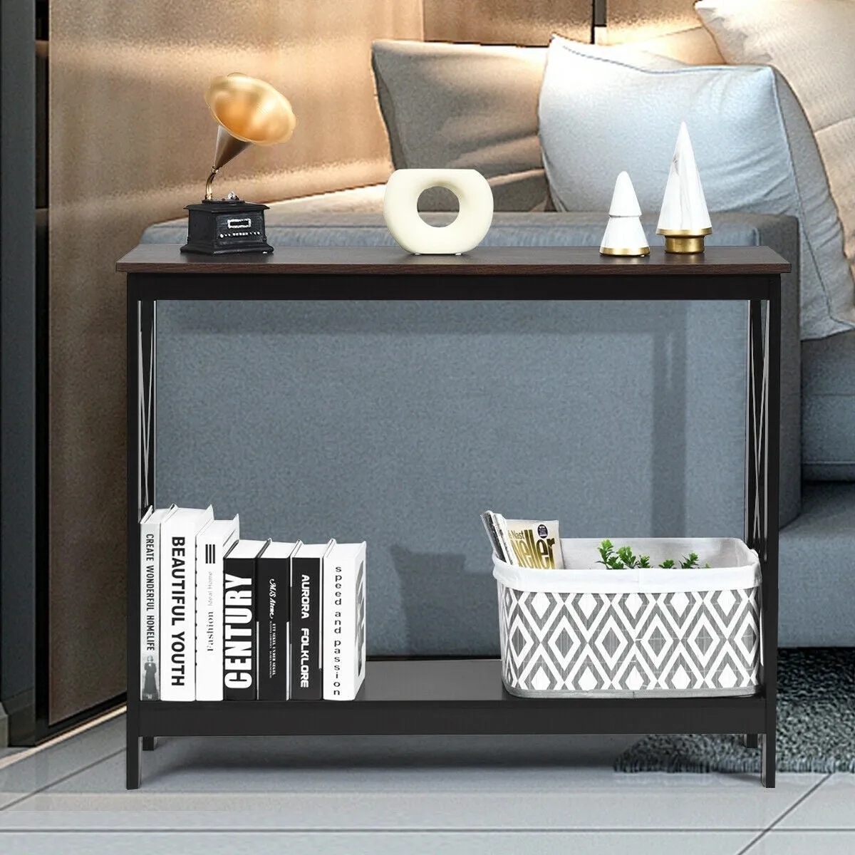 2-Tier X-Design Side Accent Table - Wood