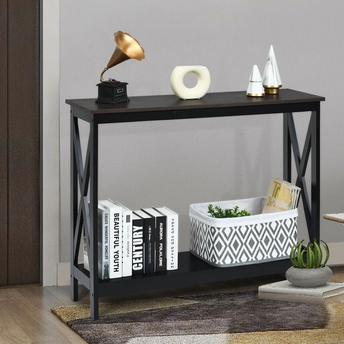 2-Tier X-Design Side Accent Table - Wood