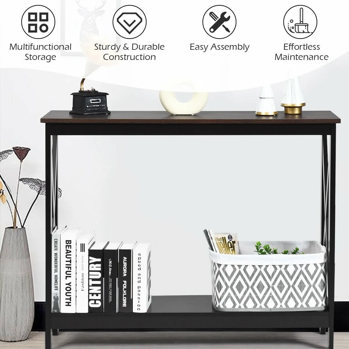 2-Tier X-Design Side Accent Table - Wood