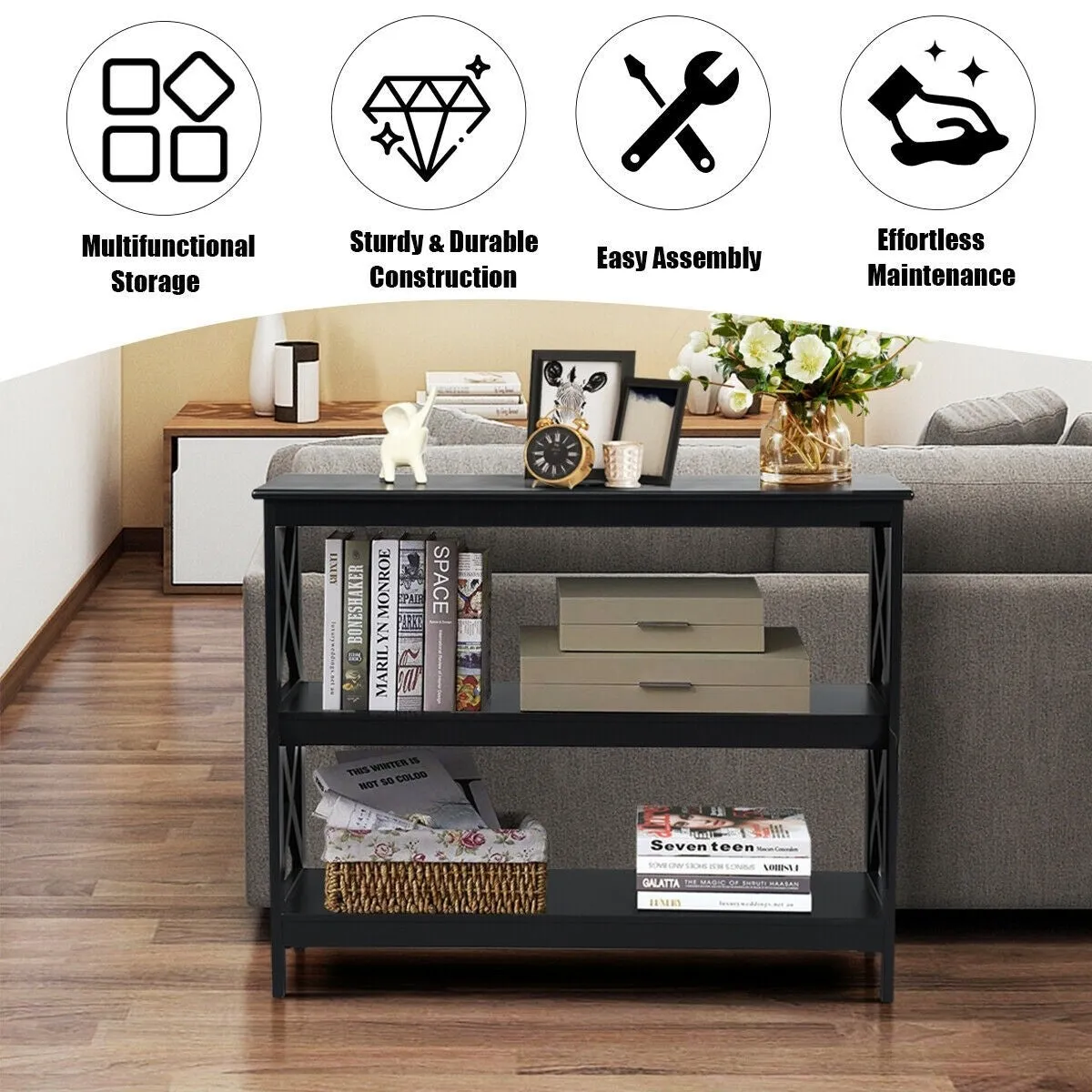 3-Tier X-Design Sofa Side Table - Black