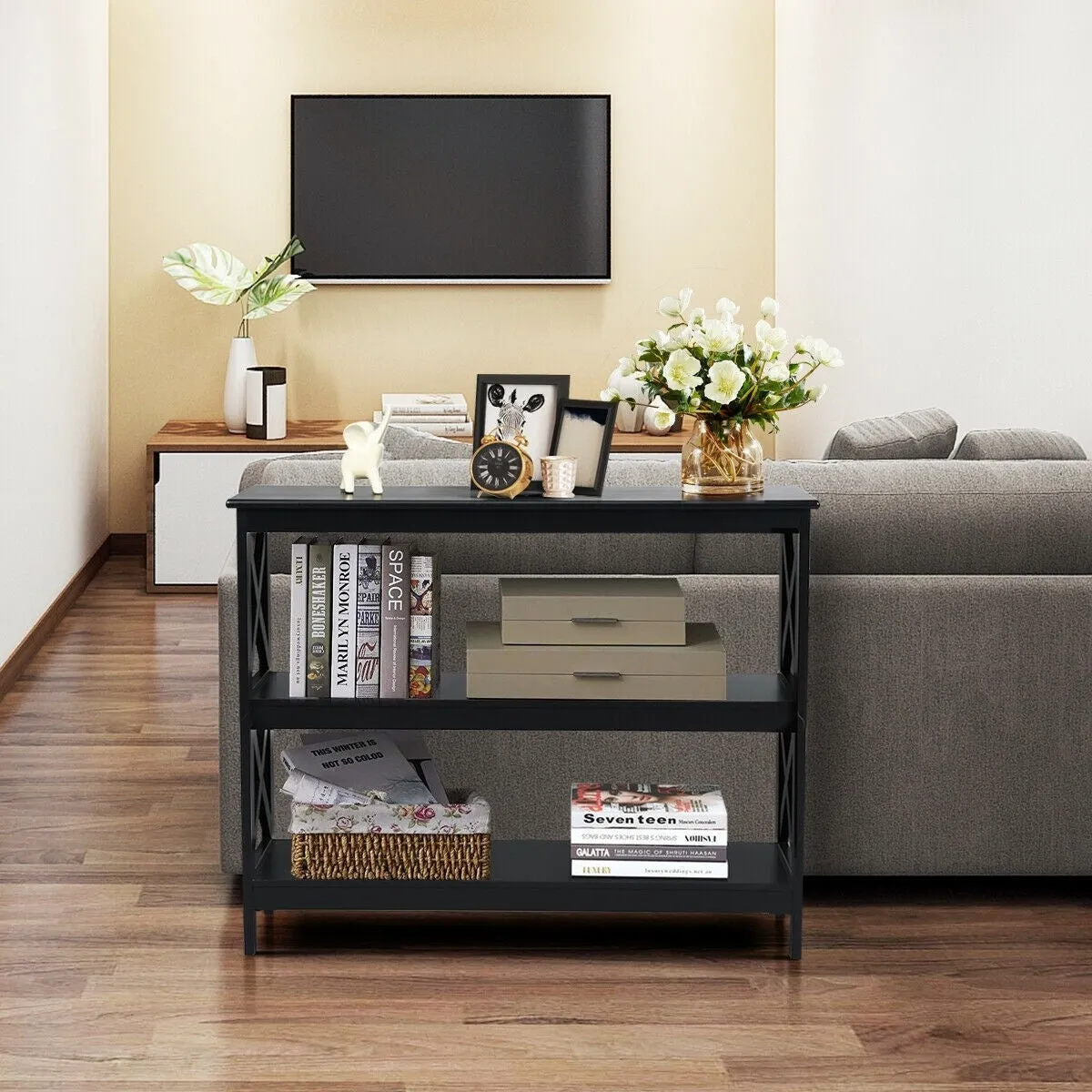 3-Tier X-Design Sofa Side Table - Black