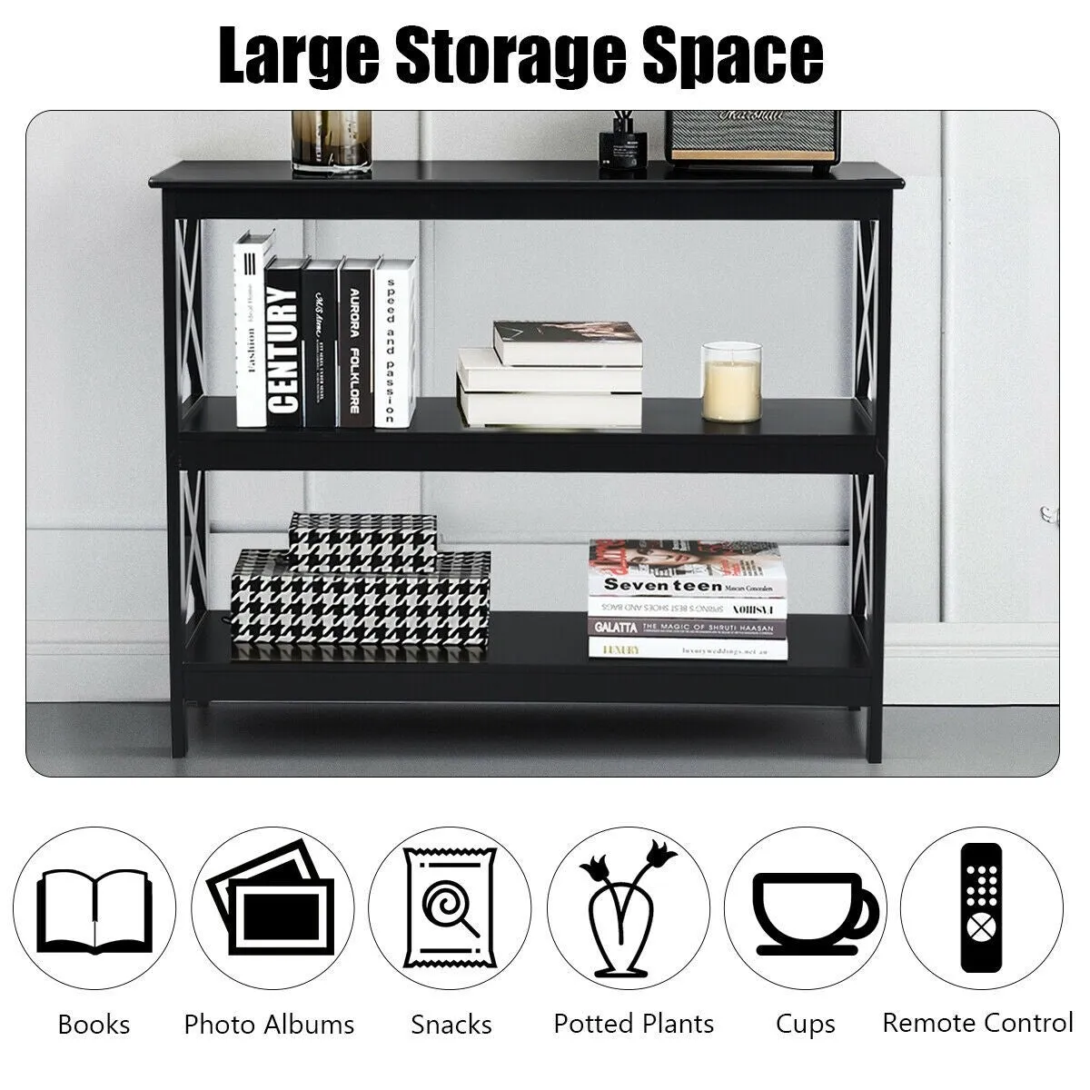 3-Tier X-Design Sofa Side Table - Black