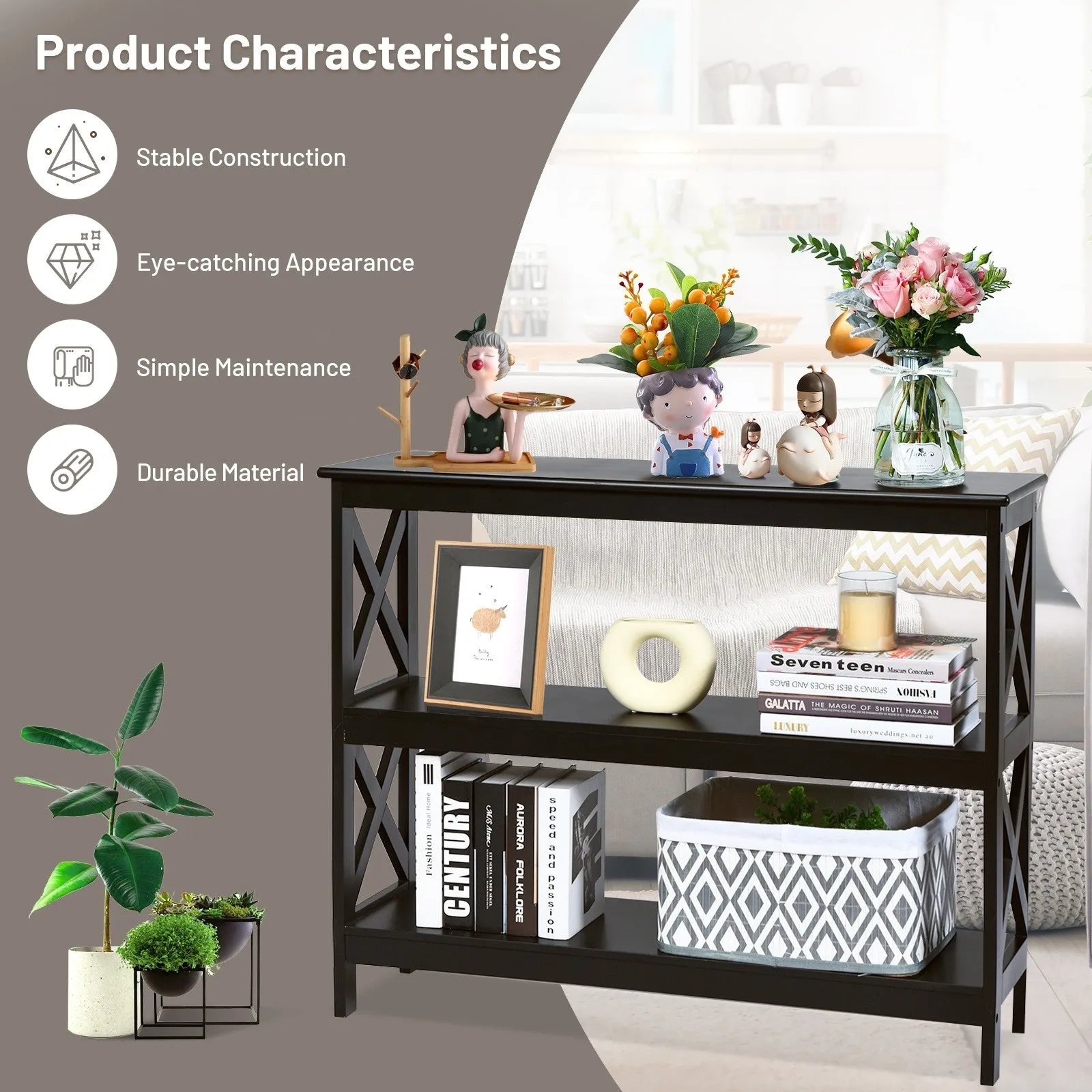 3-Tier X-Design Sofa Side Table - Brown