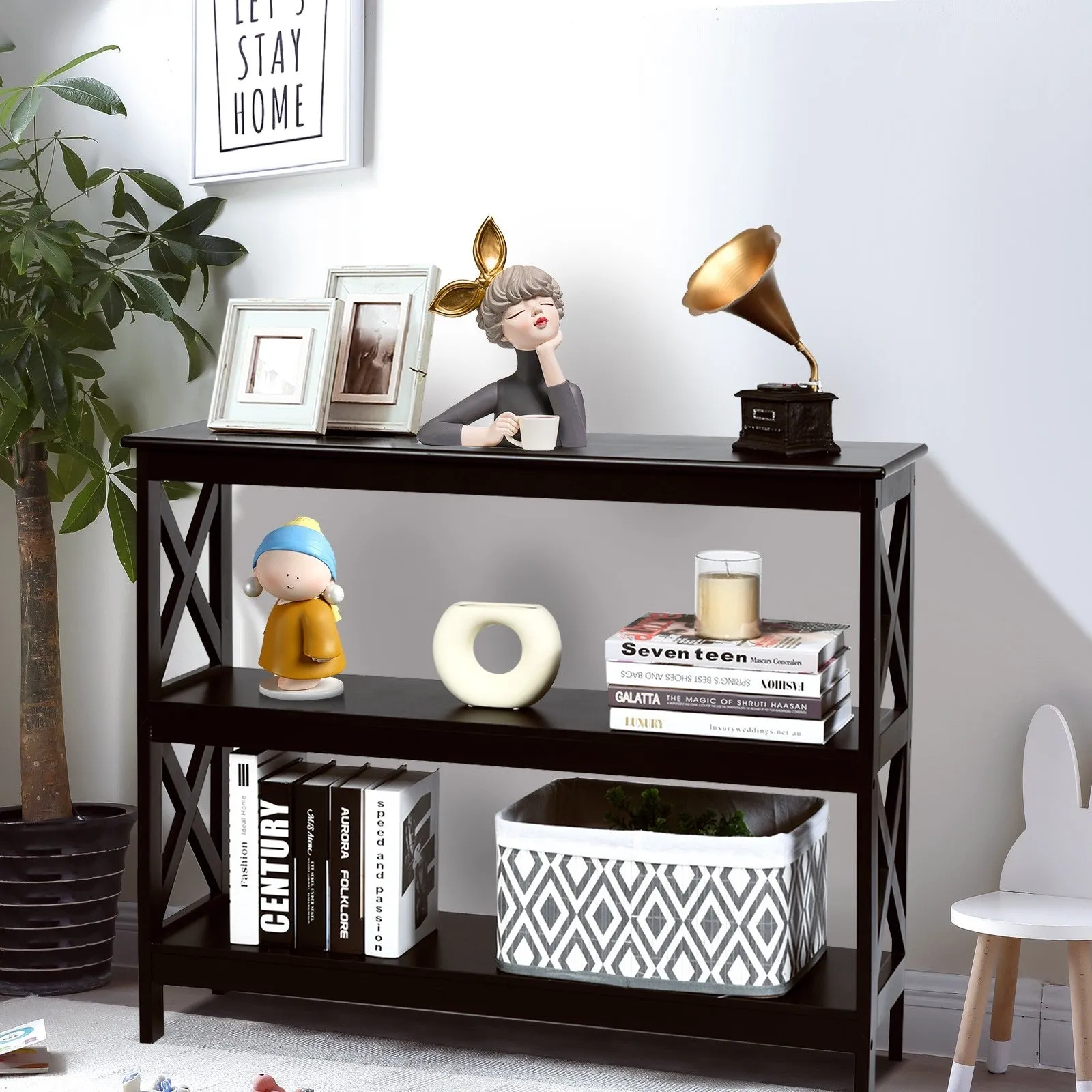 3-Tier X-Design Sofa Side Table - Brown