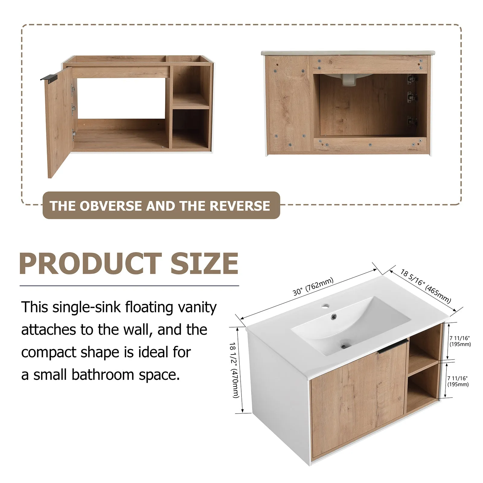 30'' Floating Wall-Mounted Bathroom Vanity with Ceramics Sink and Soft-Close Cabinet Door