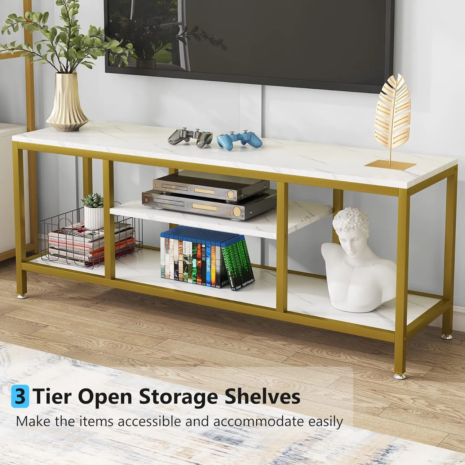 5-Tier Rectangle White Marble Gold Entryway Console Table