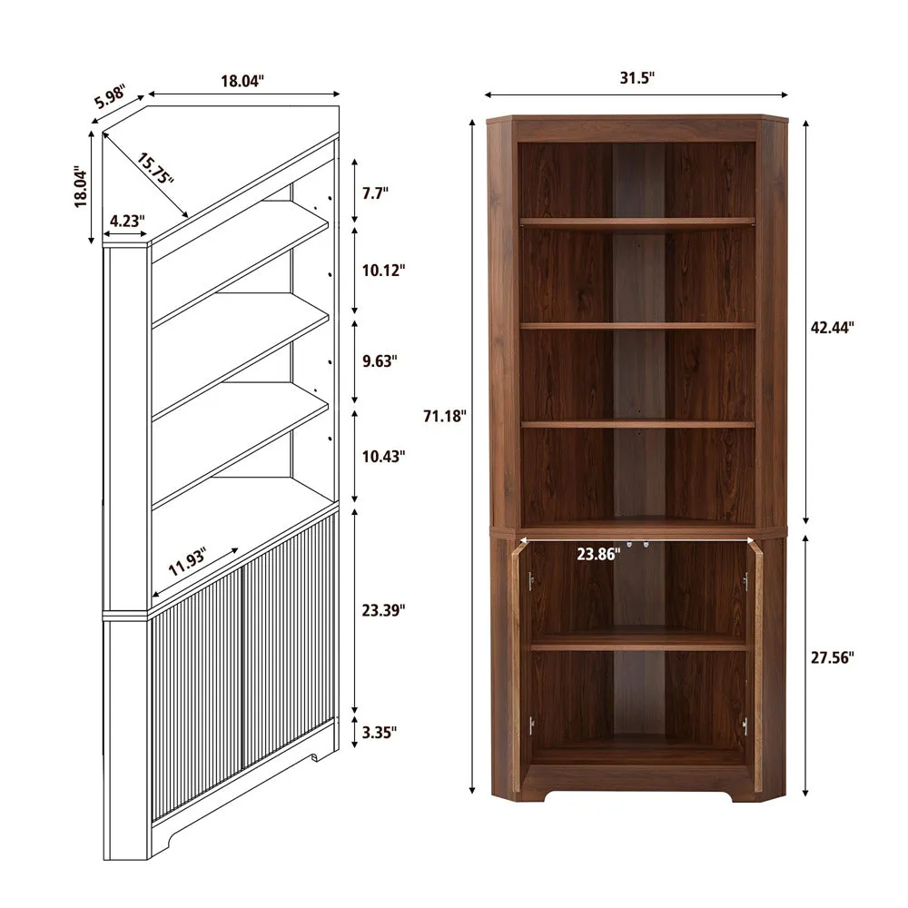 71" 6-Tier Tall Corner Storage Cabinet with 2 Fluted Doors