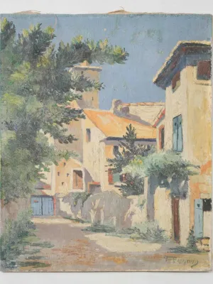 Antique French streetscape painting - village houses 18" x 15"