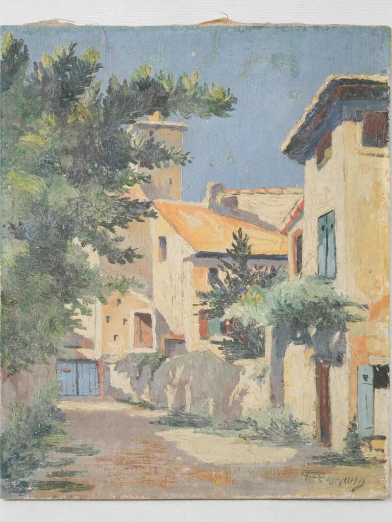 Antique French streetscape painting - village houses 18" x 15"