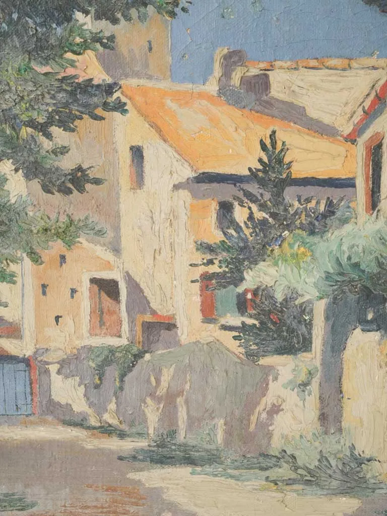 Antique French streetscape painting - village houses 18" x 15"