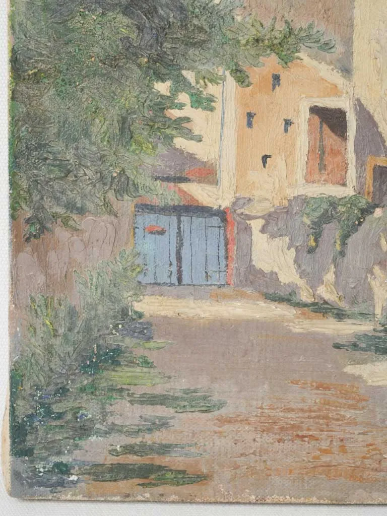 Antique French streetscape painting - village houses 18" x 15"