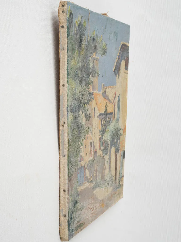 Antique French streetscape painting - village houses 18" x 15"