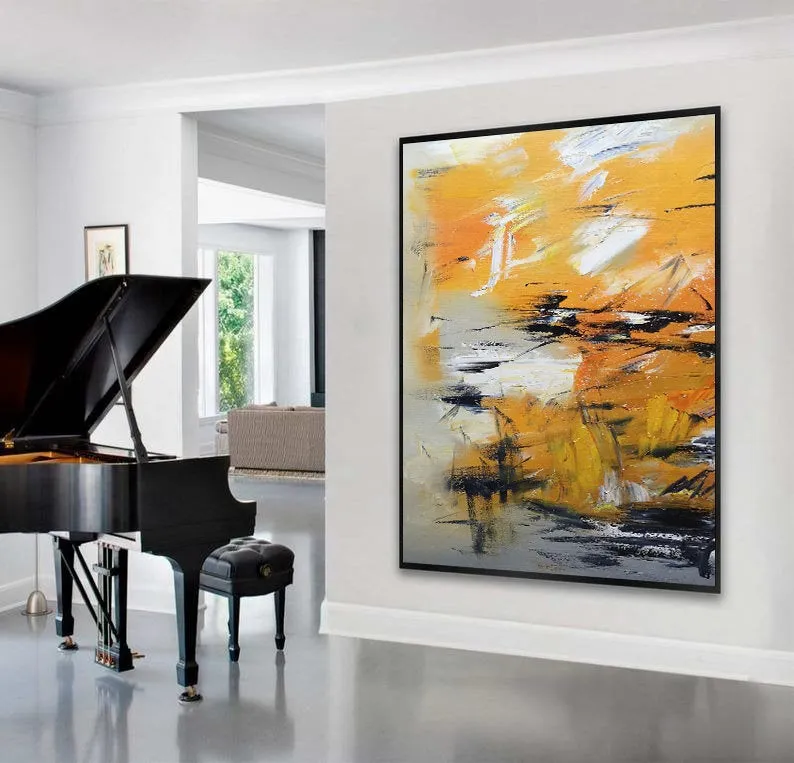 Big Artwork Yellow Abstract Painting, Minimalist Abstract Art Gp034