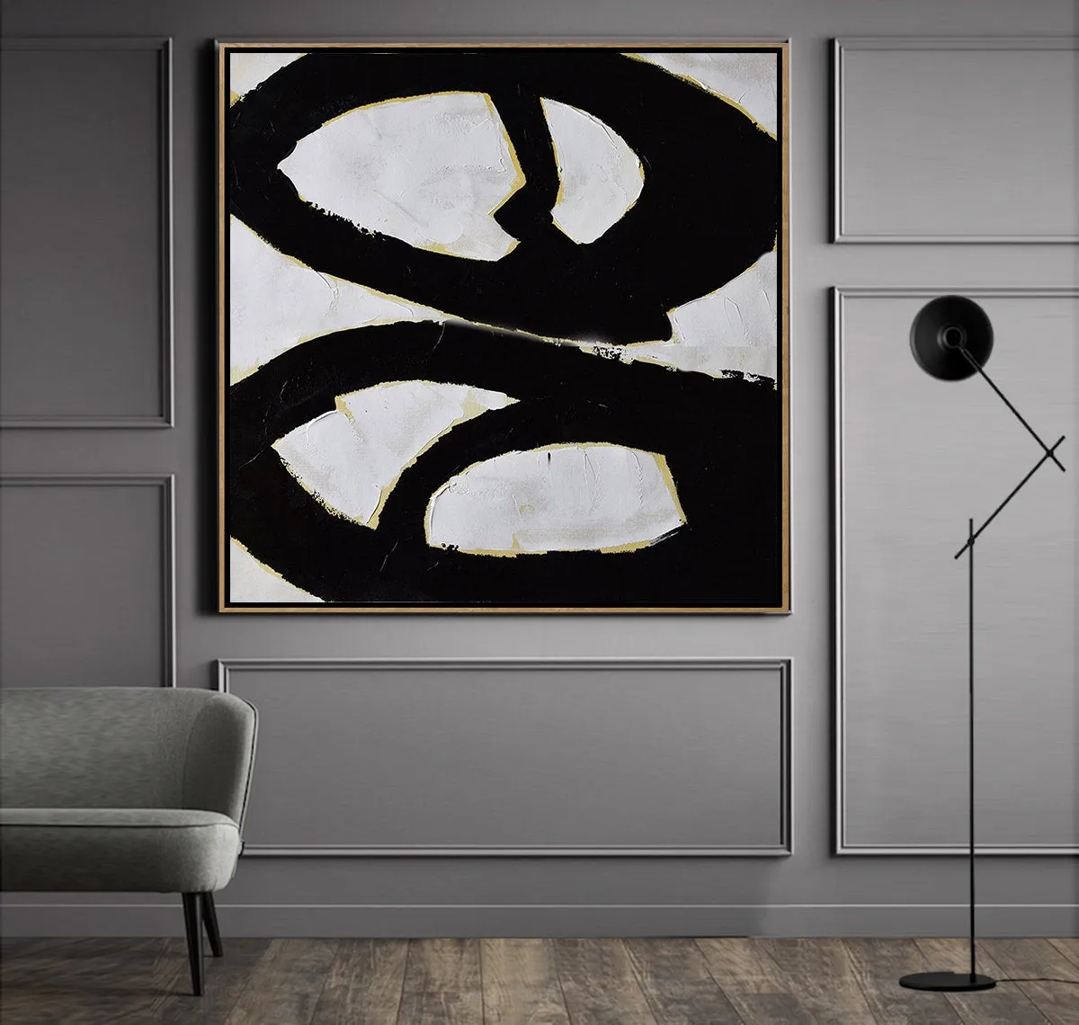 Black and White Abstract Painting Minimalist Art Modern Wall Art Decor Yp080