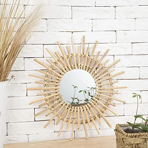 CALANDIS® Modern Handmade Natural Rattan Sunburst Wall Hanging Mirror Entryway Hotel L