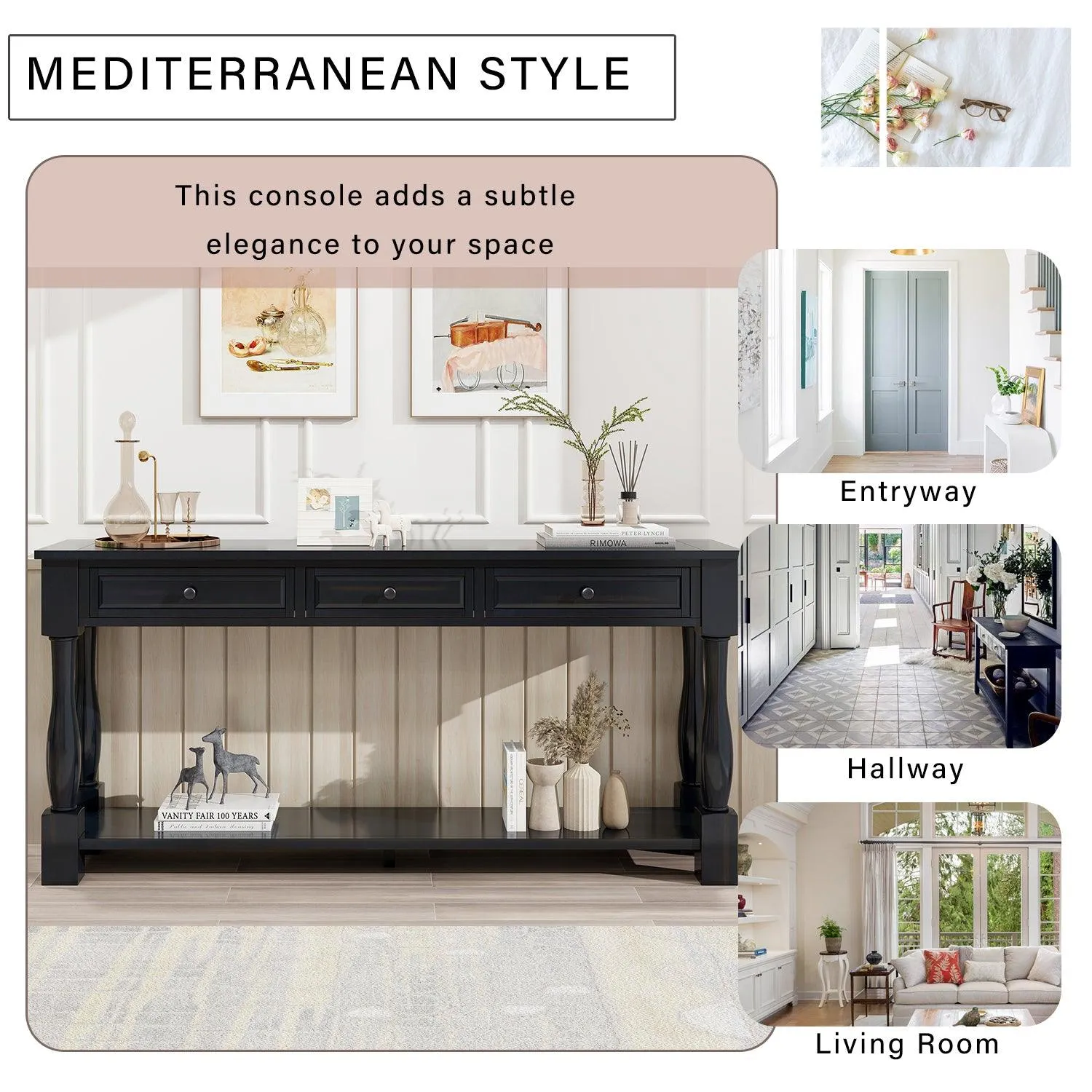 Console Table 63" Long Console Table with Drawers and Shelf for Entryway, Living Room