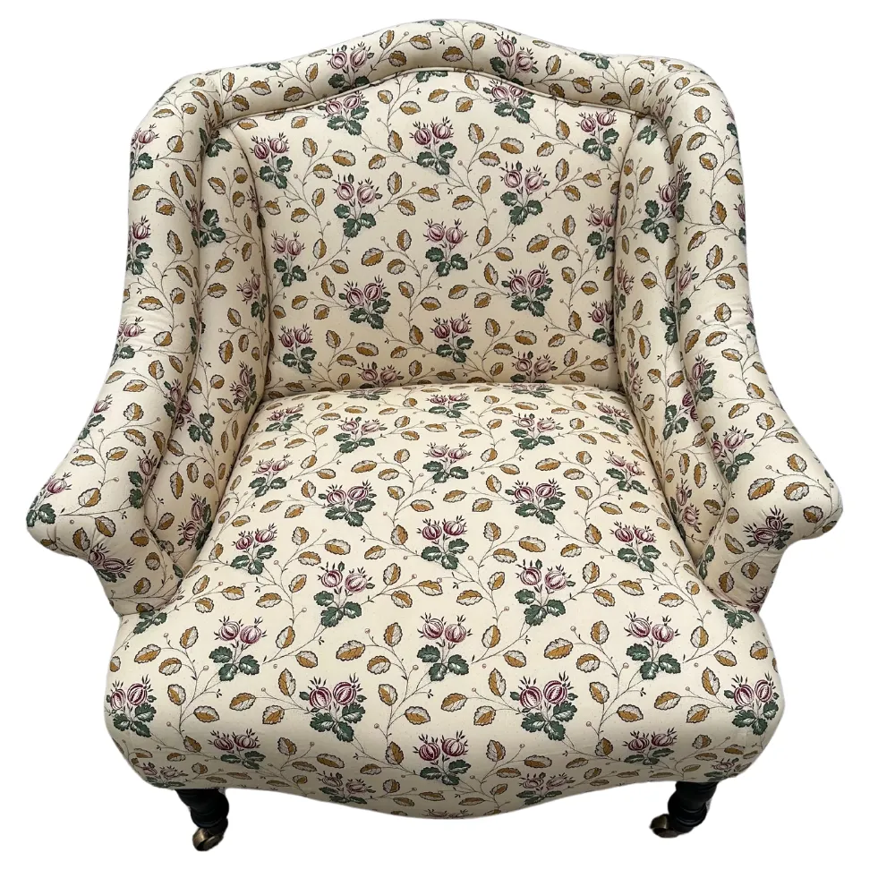 Custom Bog Chair in Décors Barbares Le Groseilles Purple & Green Fabric