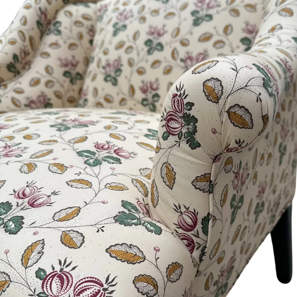 Custom Bog Chair in Décors Barbares Le Groseilles Purple & Green Fabric