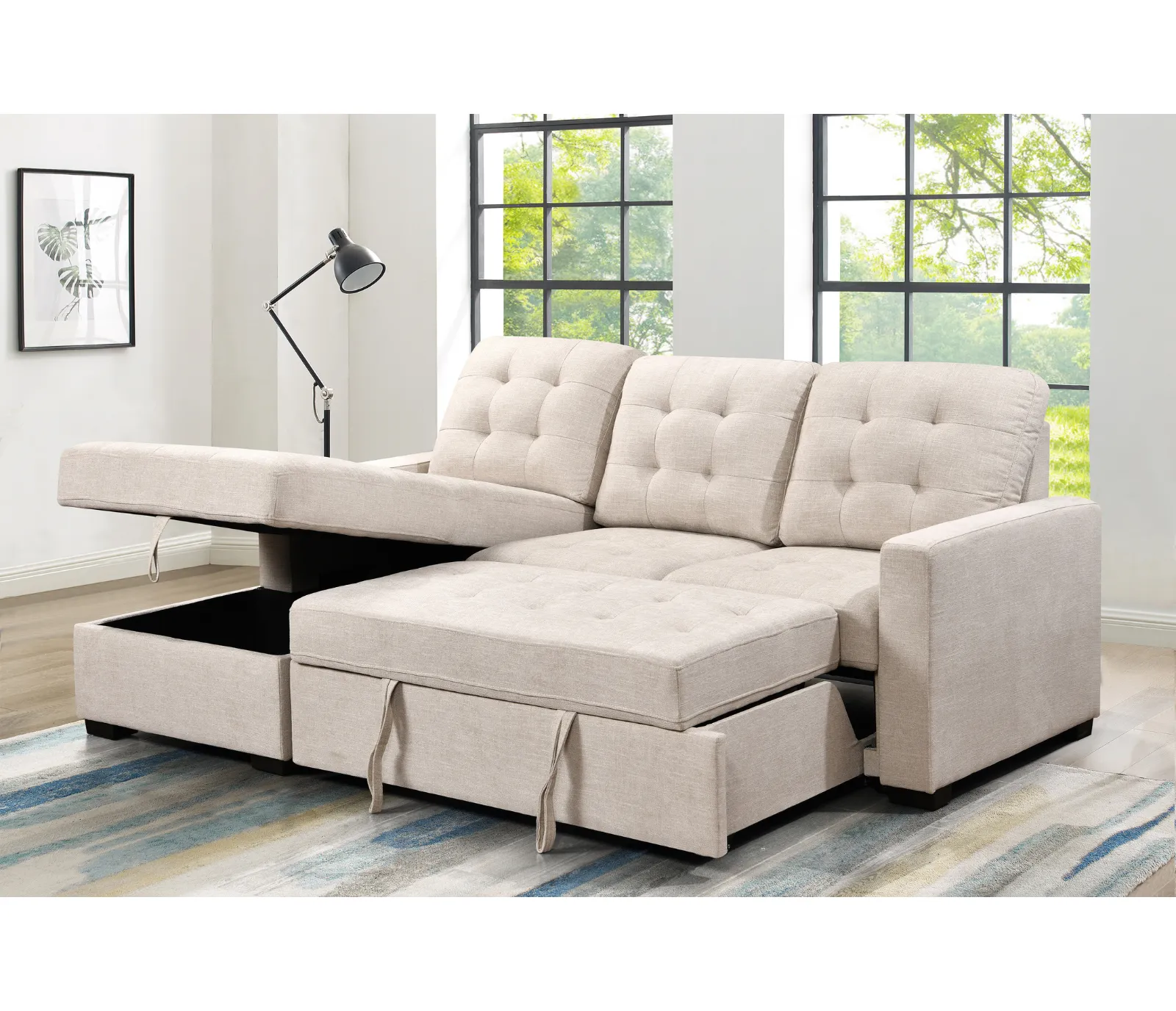 Della 2 Piece Sectional w/ Pull-Out Sleeper - Beige Fabric