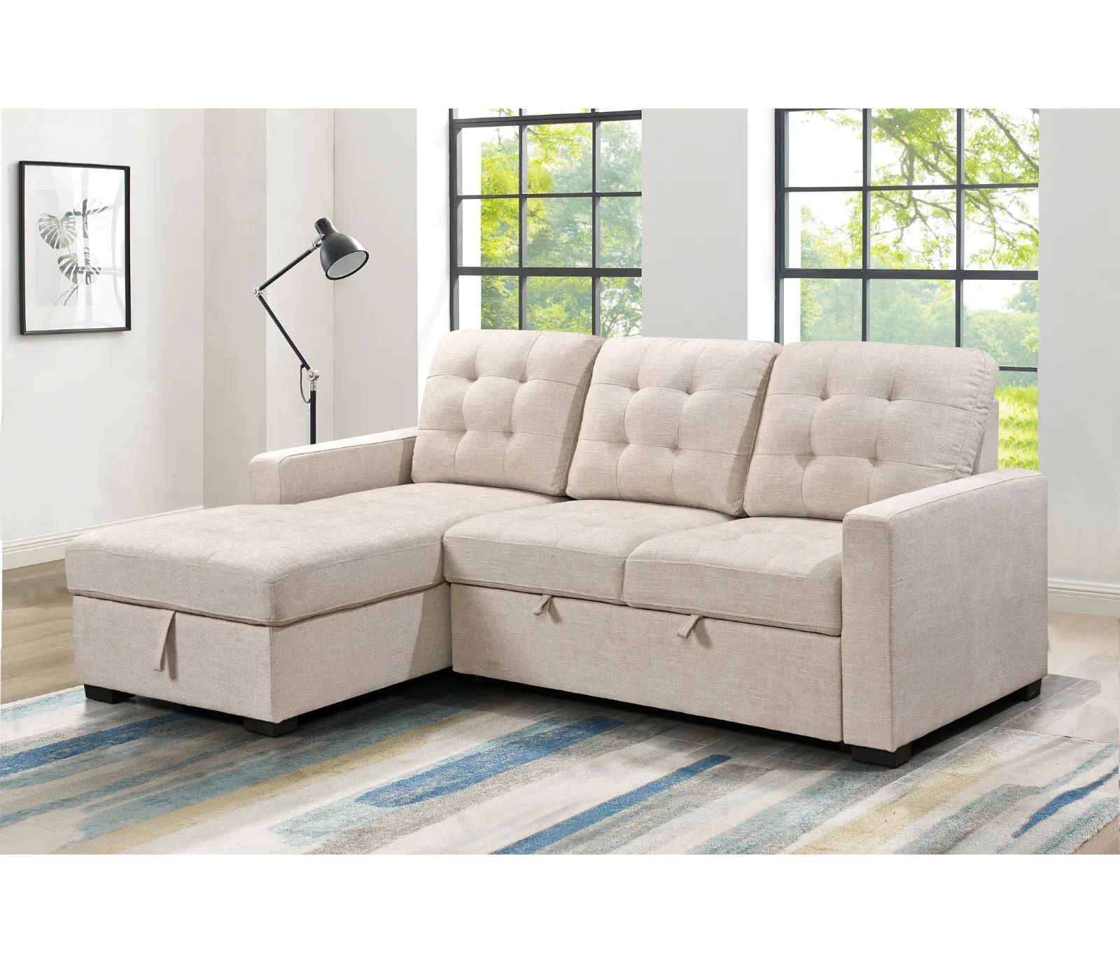 Della 2 Piece Sectional w/ Pull-Out Sleeper - Beige Fabric