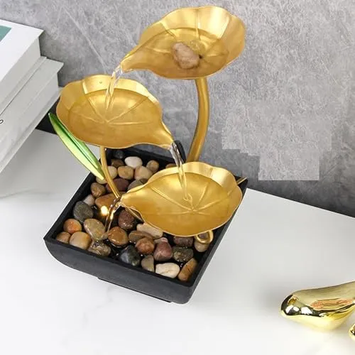 Drumil Tabletop Fountain Metal Water Fountain Waterfall Desktop Lexif Fountain with Deep Basin and Natural River Rocks Indoor Zen Relaxation, Bedroom Decor Item Home Decoration (Golden, 1 Pks)