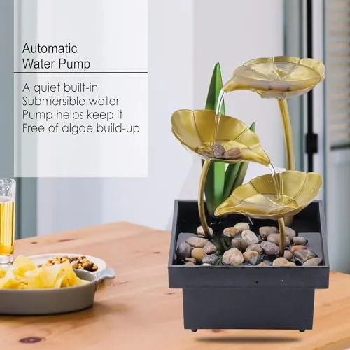 Drumil Tabletop Fountain Metal Water Fountain Waterfall Desktop Lexif Fountain with Deep Basin and Natural River Rocks Indoor Zen Relaxation, Bedroom Decor Item Home Decoration (Golden, 1 Pks)