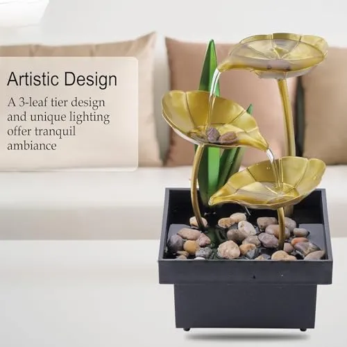 Drumil Tabletop Fountain Metal Water Fountain Waterfall Desktop Lexif Fountain with Deep Basin and Natural River Rocks Indoor Zen Relaxation, Bedroom Decor Item Home Decoration (Golden, 1 Pks)