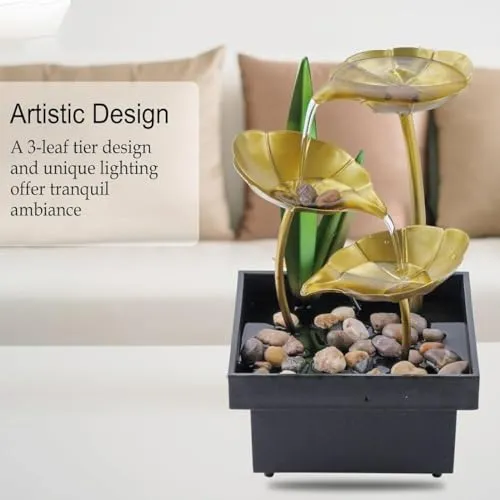 FLORISCA™ Metal Tabletop Water Fountain Home Decor Waterfall Desktop Leaf Fountains Deep Basin and Natural River Rocks Indoor Zen Relaxation for Office Bedroom Decor Item (1pcs)
