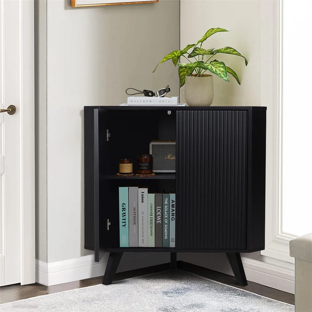 Freestanding Fluted Small Floor Corner Cabinet with Adjustable Shelve