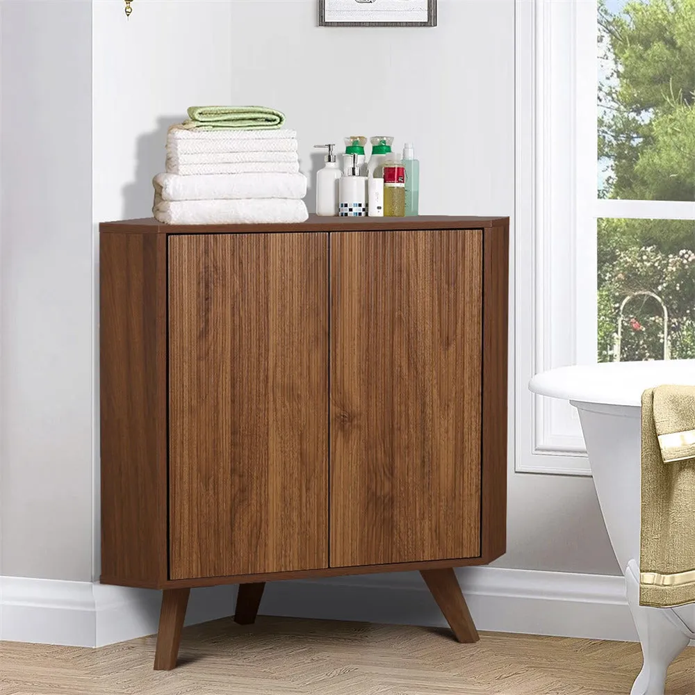 Freestanding Fluted Small Floor Corner Cabinet with Adjustable Shelve