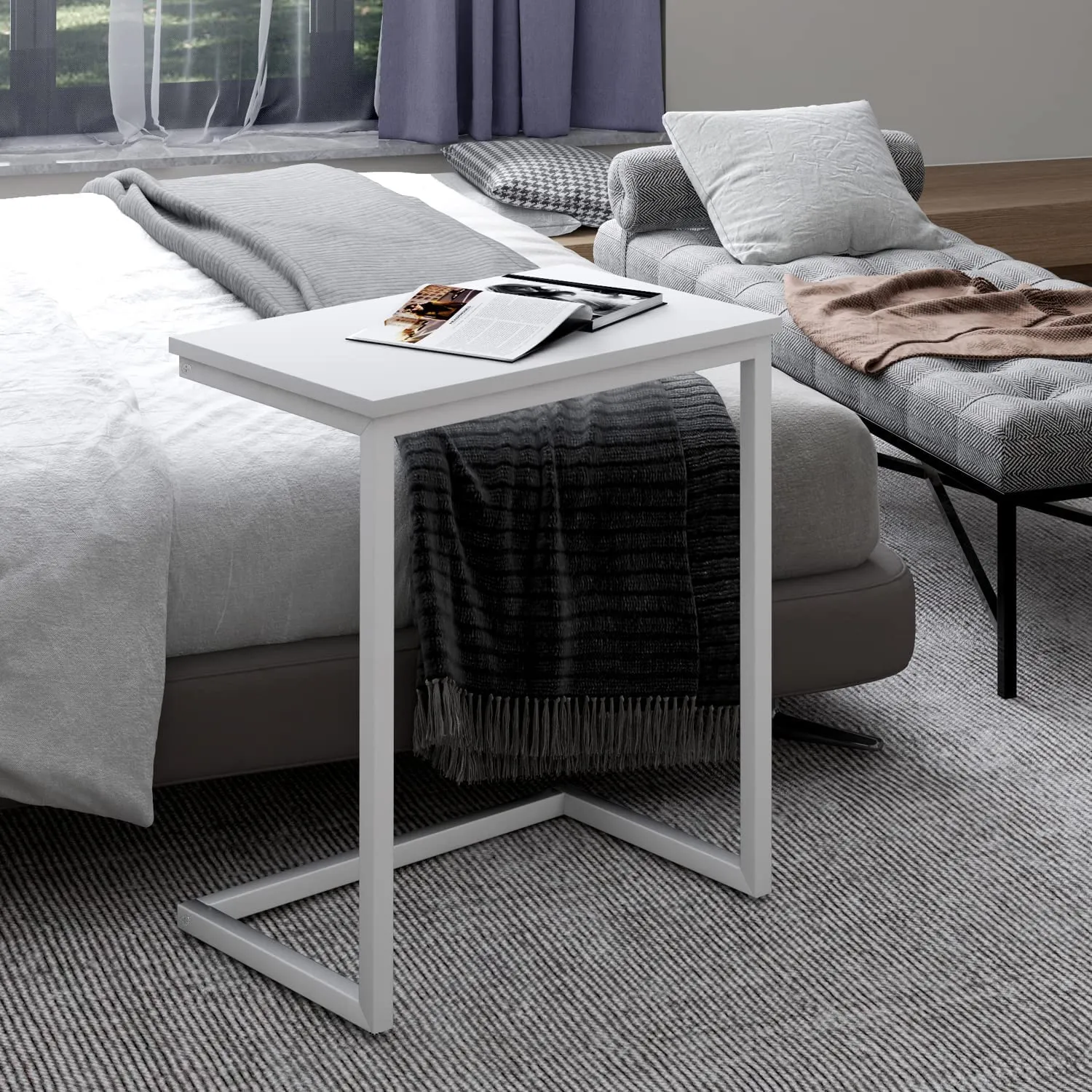 INDIAN DECOR 49101 Sofa C Side End Table Couch Table Coffee Tray Snack Side Table Notebook Laptop Holder Over Bed Stand Reading Desk 22x14x27 Inch Space Saving for Living Room - White