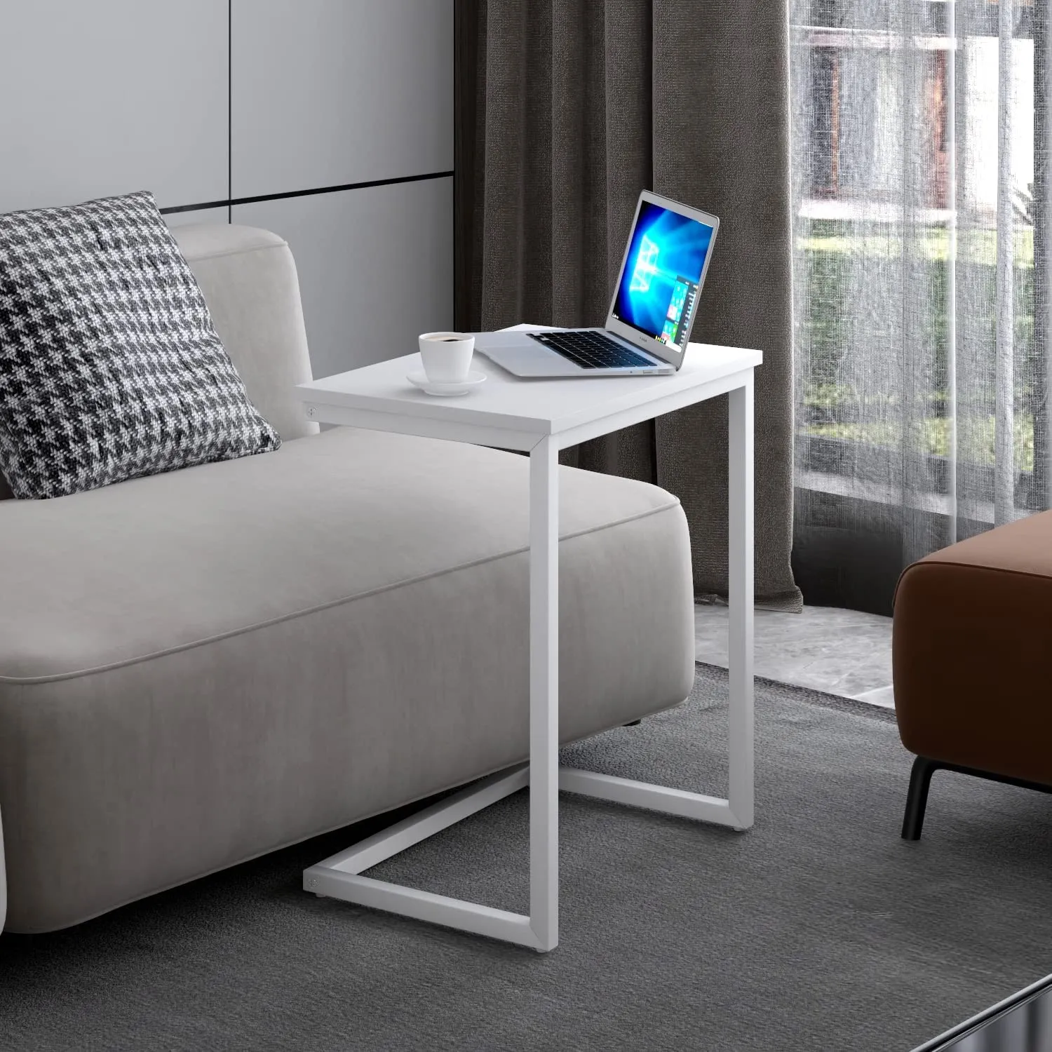 INDIAN DECOR 49101 Sofa C Side End Table Couch Table Coffee Tray Snack Side Table Notebook Laptop Holder Over Bed Stand Reading Desk 22x14x27 Inch Space Saving for Living Room - White
