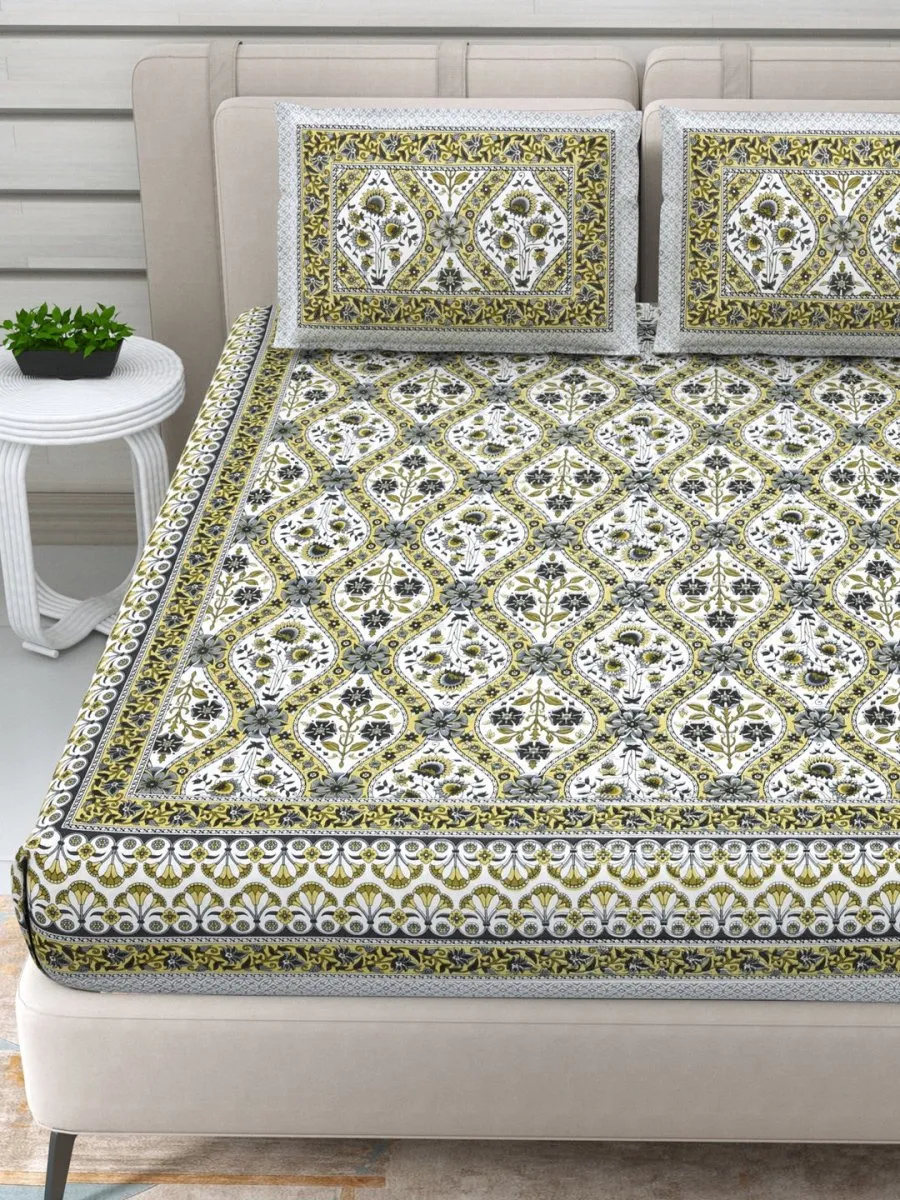 Jaipuri Hand Printed Queen Size Cotton Bedding Set -630