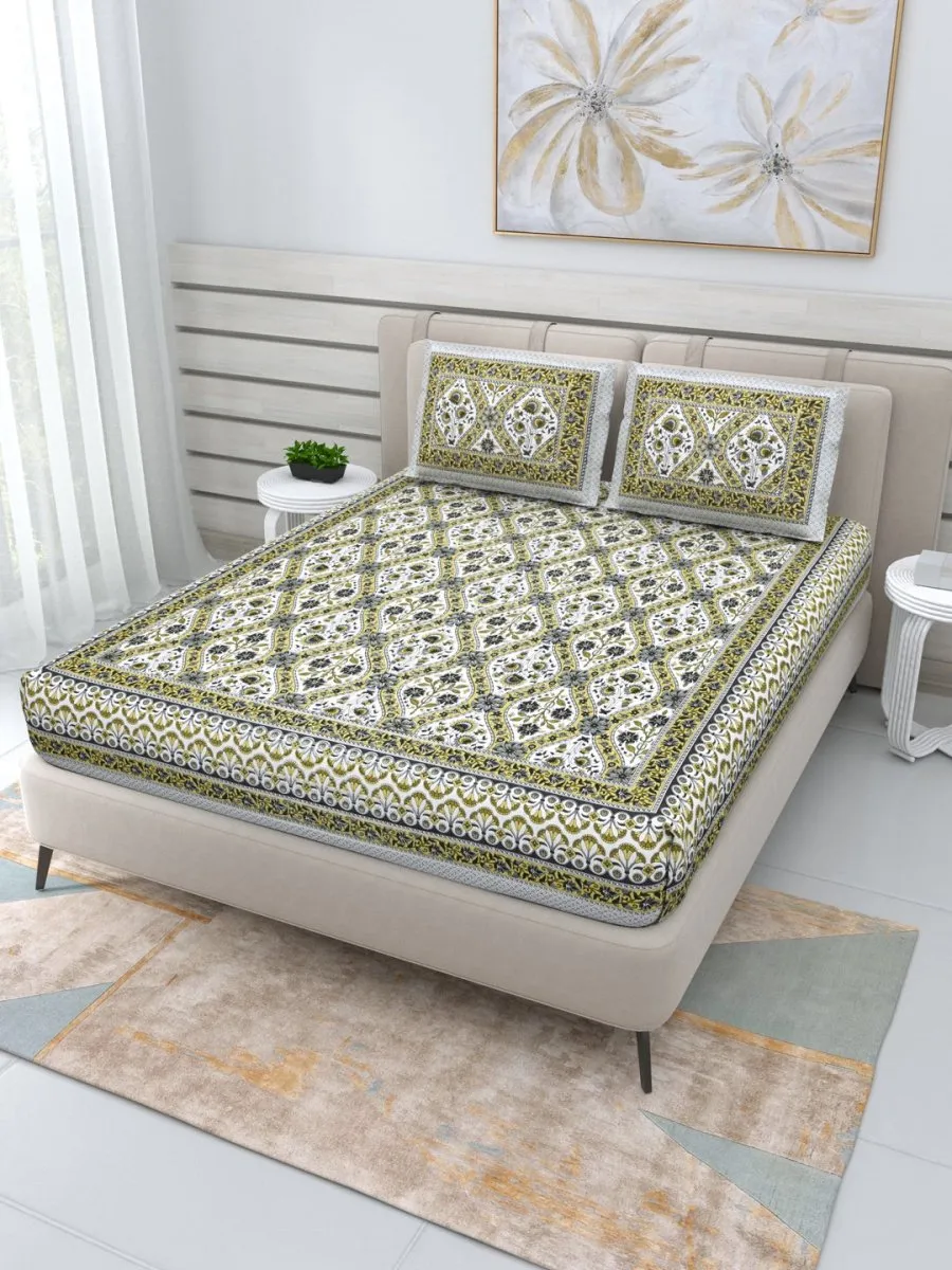 Jaipuri Hand Printed Queen Size Cotton Bedding Set -630