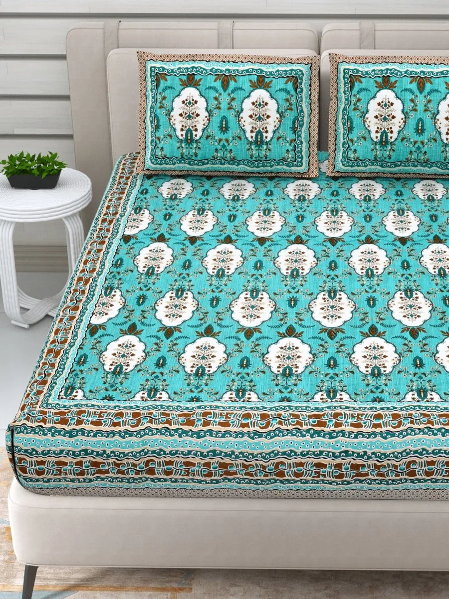 Jaipuri Hand Printed Queen Size Cotton Bedding Set- Green