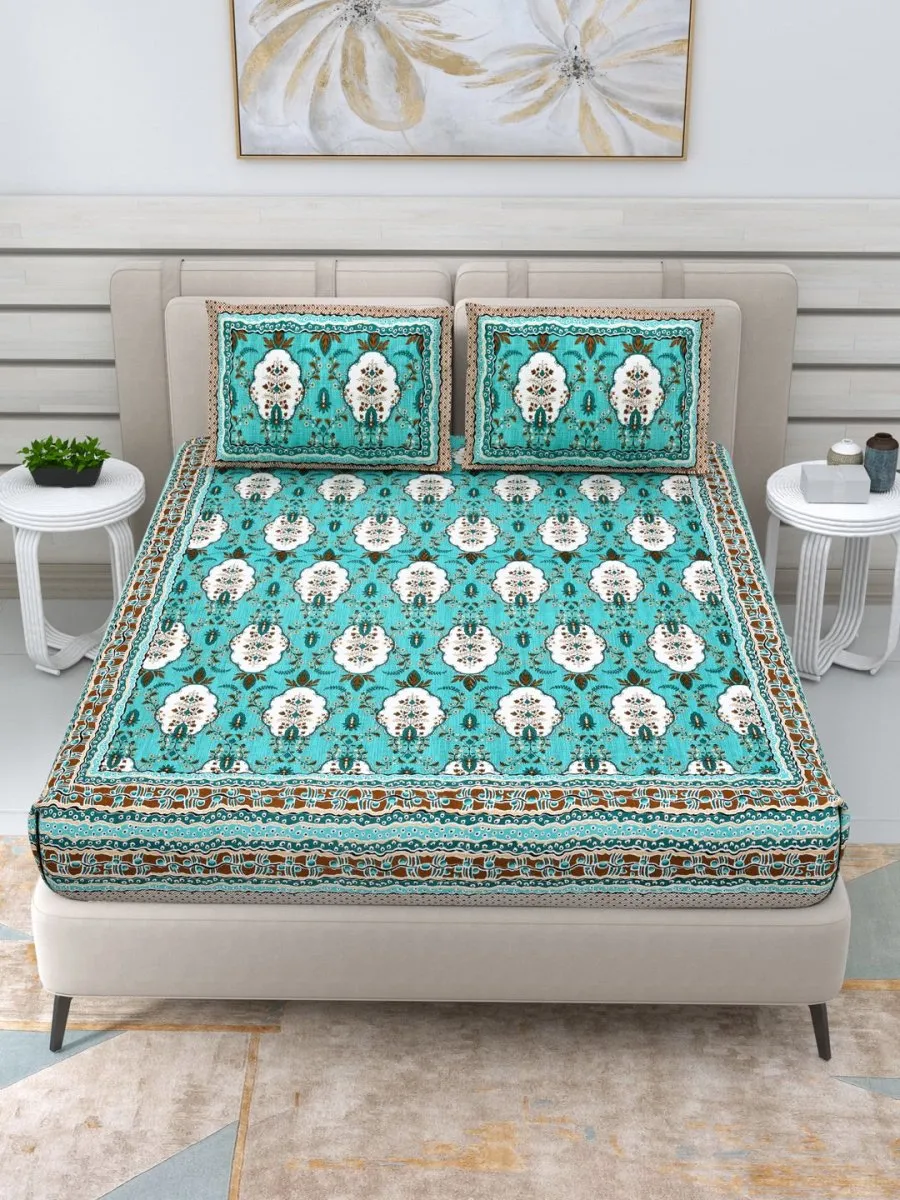 Jaipuri Hand Printed Queen Size Cotton Bedding Set- Green