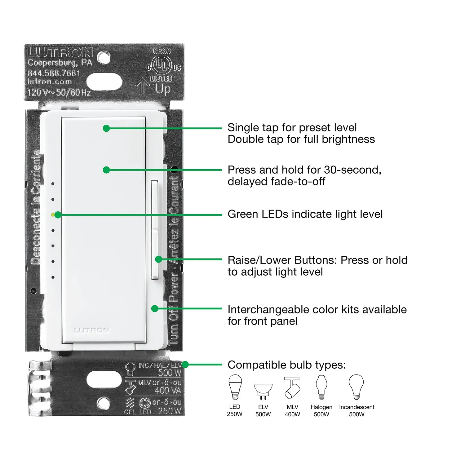 Maestro PRO LED  Tap Dimmer Switch, 250W LED, 500W ELV, Single Pole or Multi-Location, White