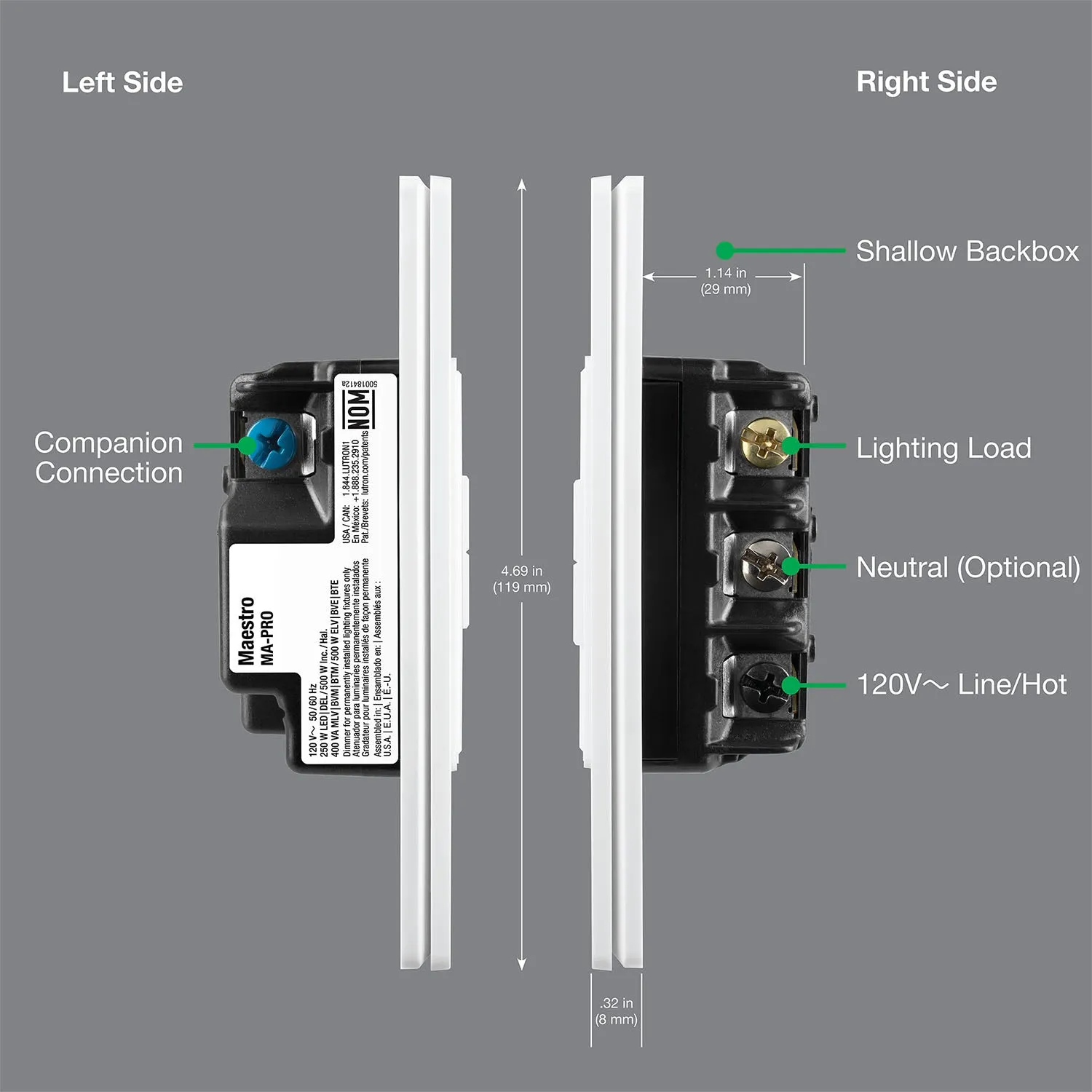 Maestro PRO LED  Tap Dimmer Switch, 250W LED, 500W ELV, Single Pole or Multi-Location, White