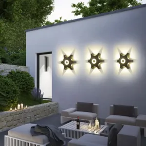 Minimalistic Black Aluminum Balcony LED Wall Sconce Lamp: Gear Shaped Wall Lighting Fixture