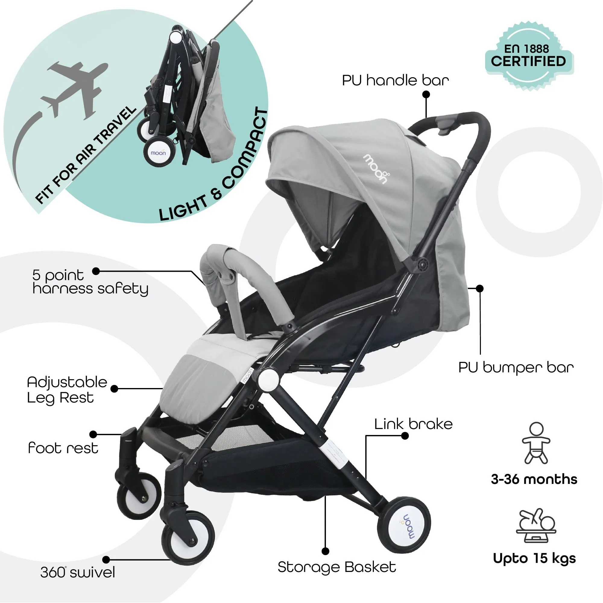 Moon Travel Lite cabin Fold Stroller Birth to 15 kg