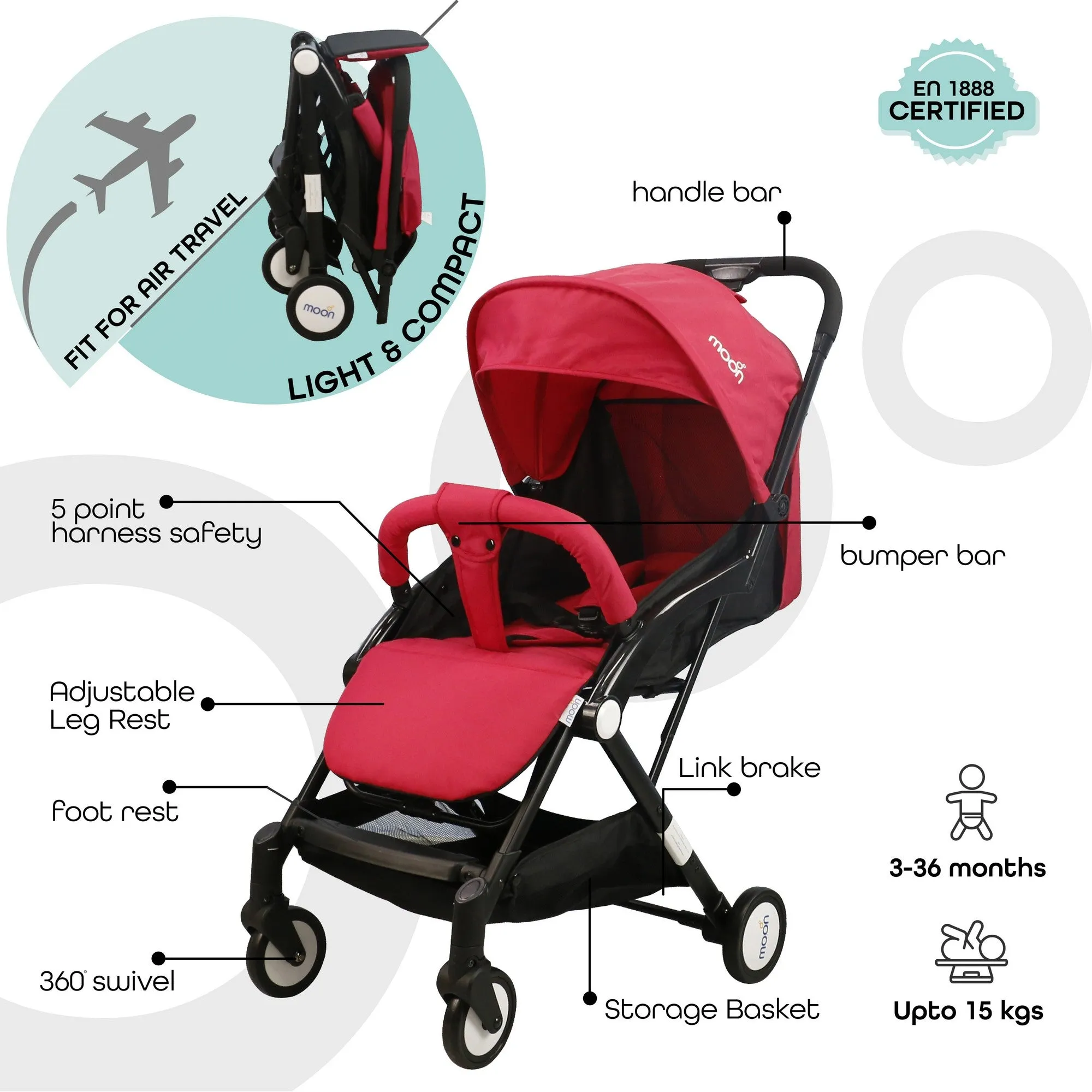 Moon Travel Lite cabin Fold Stroller Birth to 15 kg