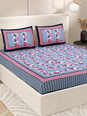 Navy Interiors Floral Hand Block Printed Cotton Queen Size Bedding Set