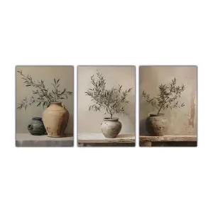OliveVase Canvas Kunst - Vintage Minimalist 3er Set Botanische Wandkunst