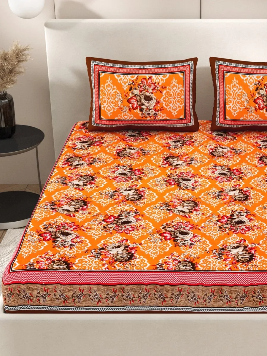Orange Interiors Floral Print Cotton Queen Size Bedding Set