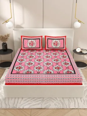 Peach Hand Block Printed Cotton Queen Size Bedding Set