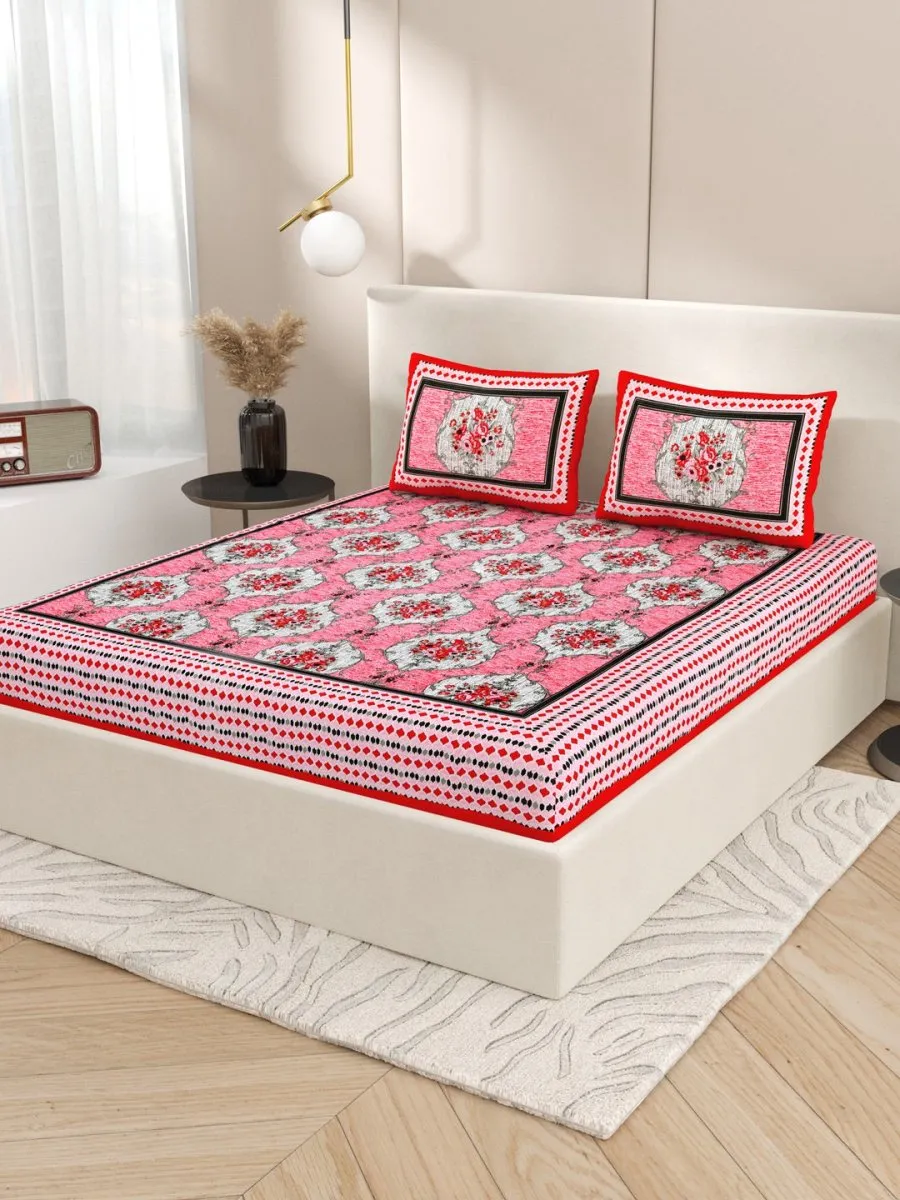 Peach Hand Block Printed Cotton Queen Size Bedding Set