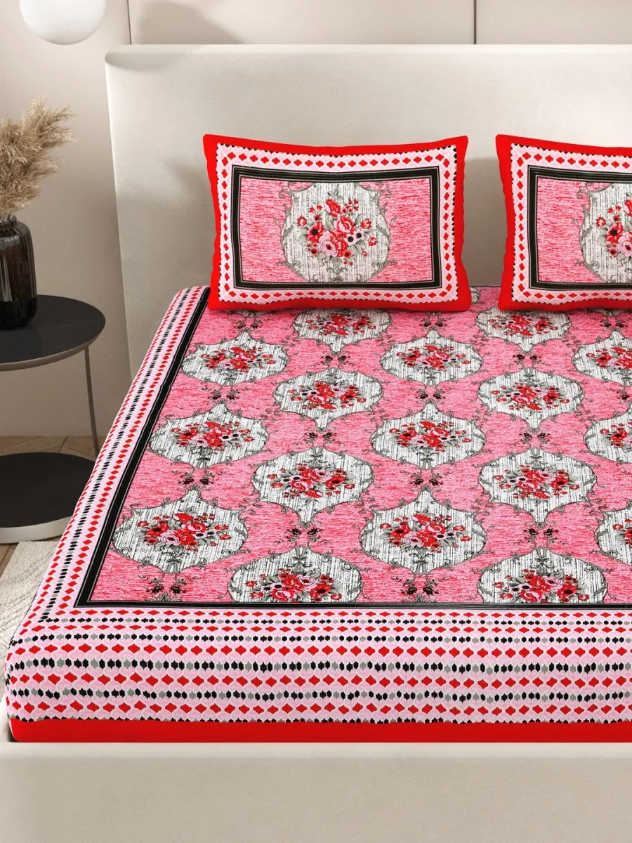 Peach Hand Block Printed Cotton Queen Size Bedding Set