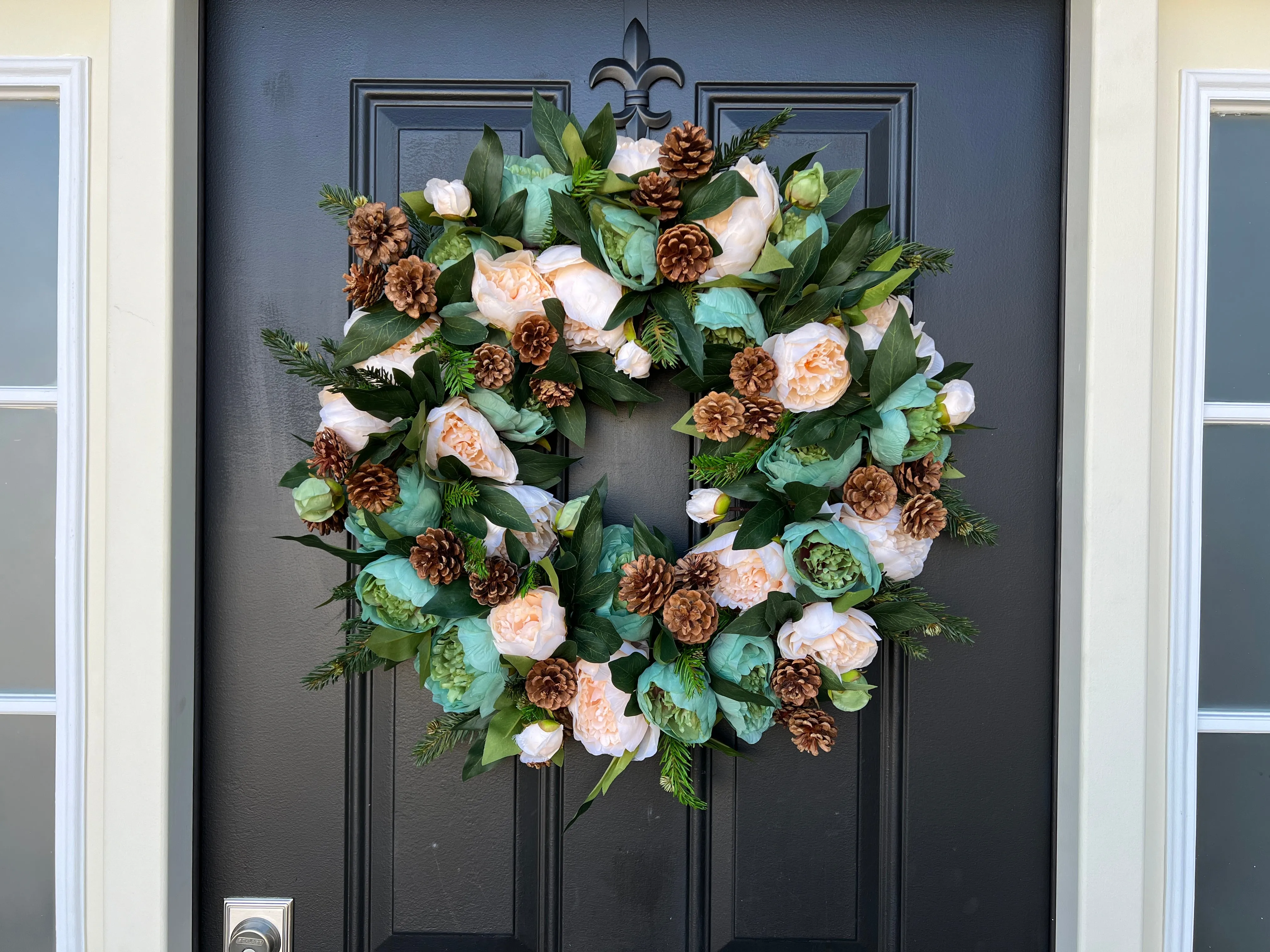 Peony and Pinecone Winter Wreath for Front Door