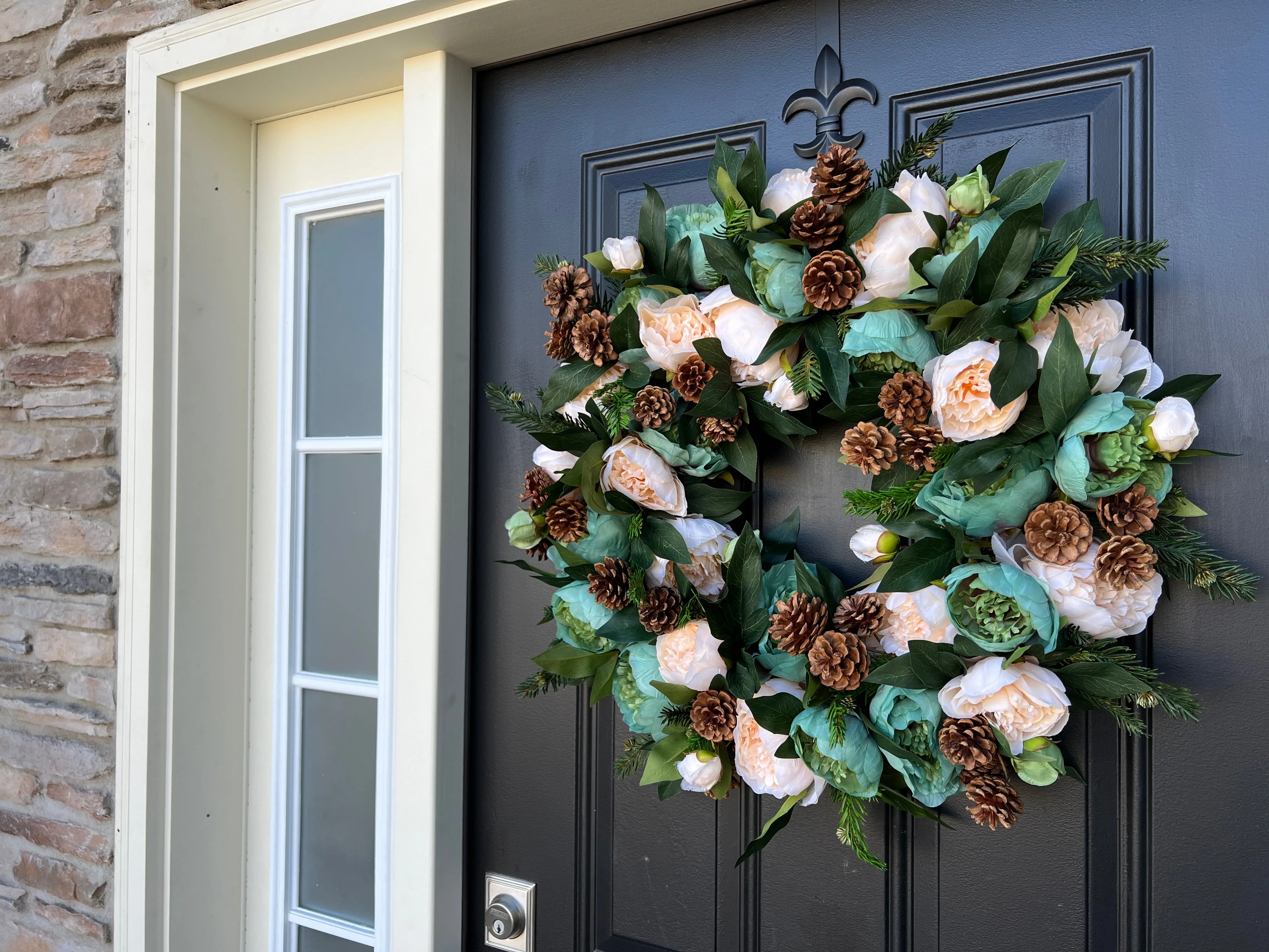 Peony and Pinecone Winter Wreath for Front Door
